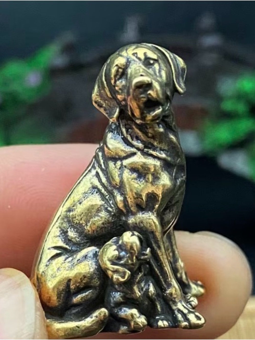 Miniature Brass Momma Dog with Puppy Figurine Decorative Pet Statue